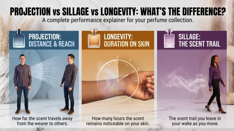 Projection vs Sillage vs Longevity explained using perfume spray